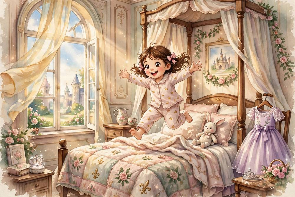 Princess Corsa leaps out of bed on the sunny wedding morning, bursting with excitement.
