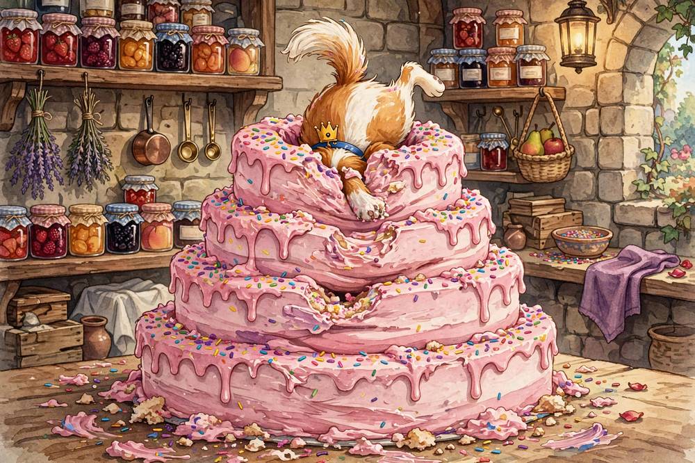 Sir Doug the royal dog buries his head in the five-tiered wedding cake, frosting on his nose.