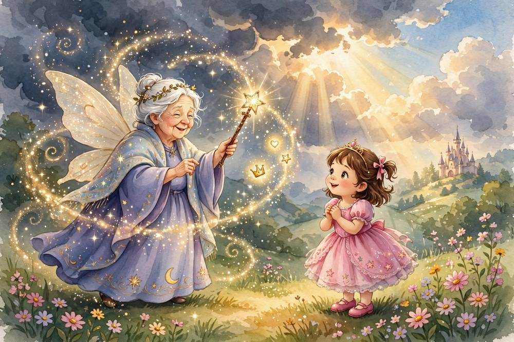 The fairy godmother appears in golden sparkles to grant the three wishes as the storm clouds clear.