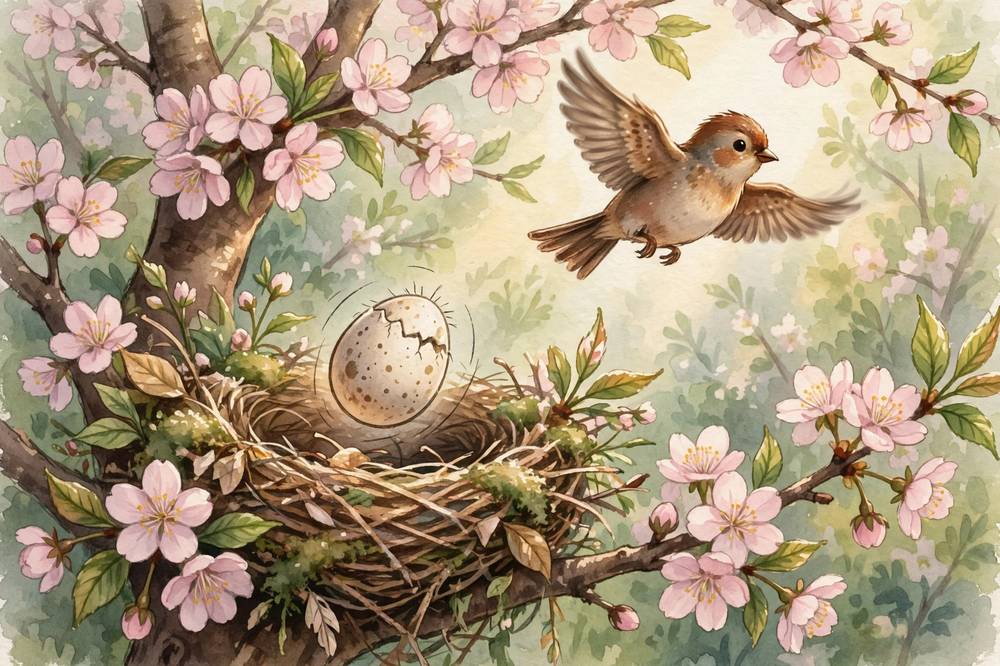Mother bird flies off for food while the egg jumps and wobbles in the nest.