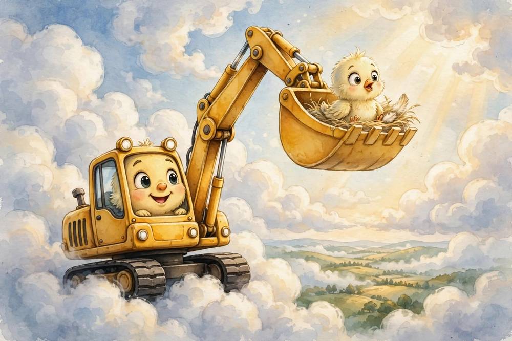 A friendly yellow digger gently lifts the baby bird high into the cloudy sky.