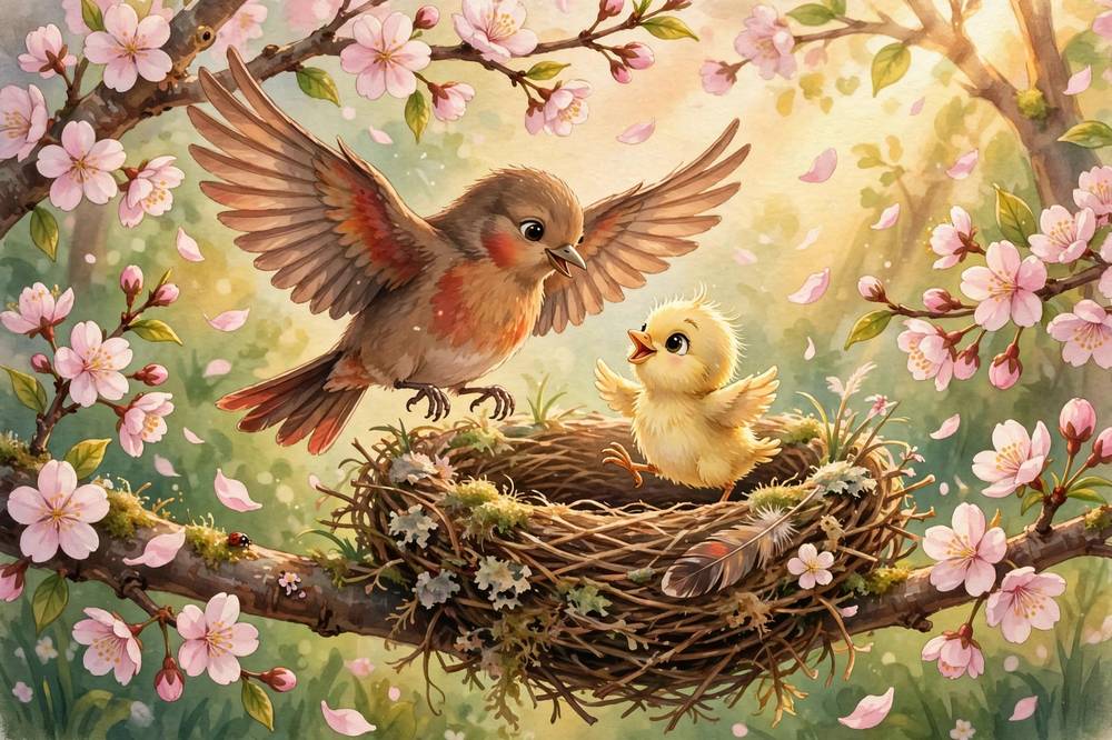 Mother bird lands at the nest for a joyful reunion with her baby.