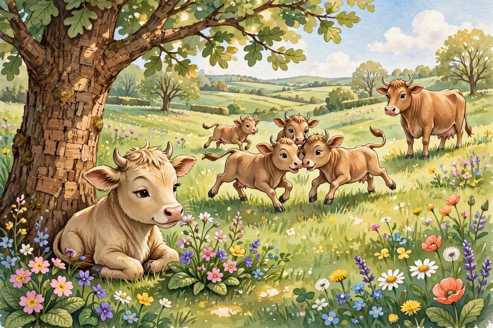 Little Ferdinand quietly smells the flowers under the cork tree while the other young bulls play.