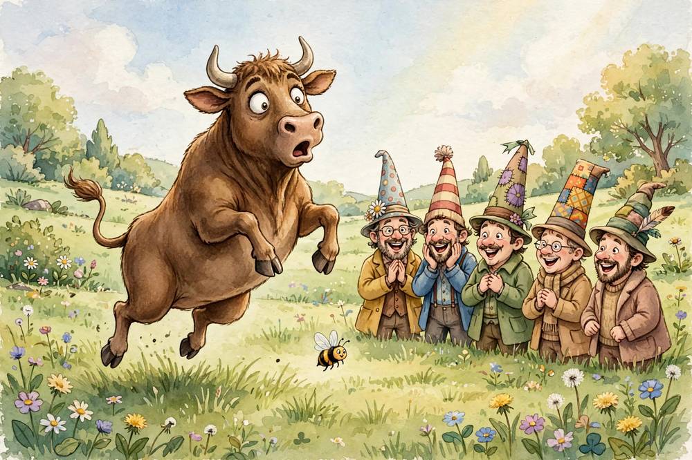 Ferdinand leaps up in funny surprise after sitting on the bumblebee.