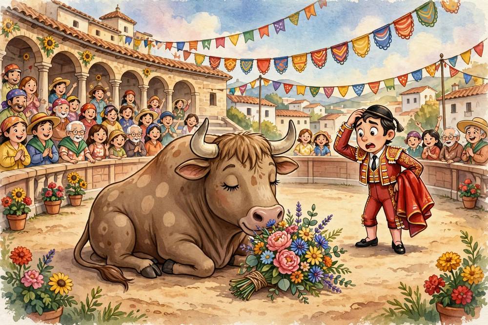 Ferdinand sits calmly in the bullring smelling the flowers while the matador looks exasperated.