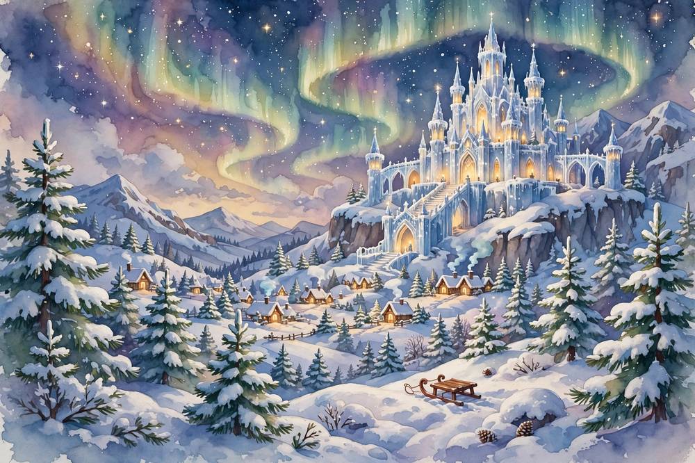 The snowy kingdom glistens under the northern lights.