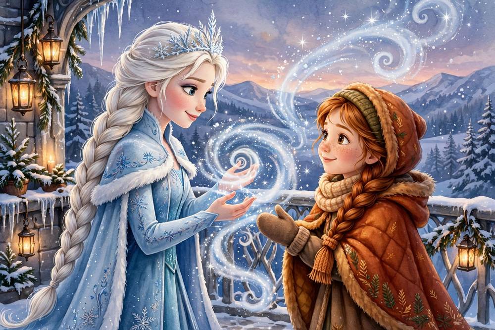 The snow queen conjures a swirl of snow magic as her sister reaches out to her.