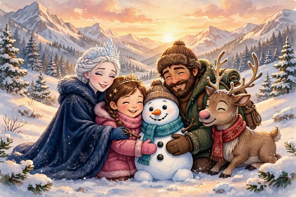 The whole group shares a warm hug at sunset in the snowy valley.