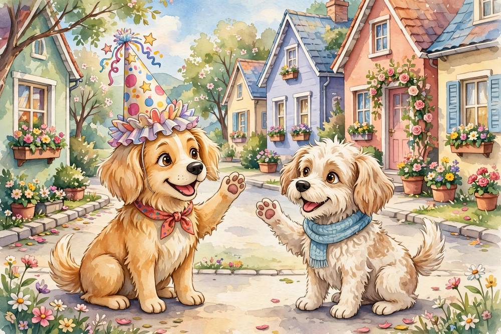 A dog in a fancy party hat greets another dog with a cheerful hello.