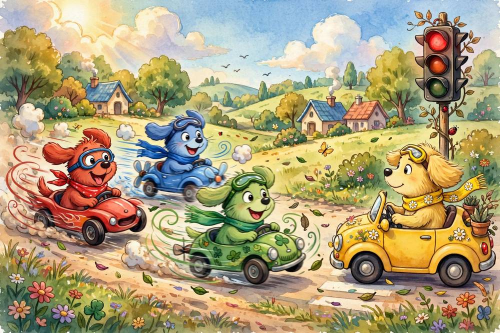 Colorful dogs race tiny cars down a sunny road while one waits at the red light.