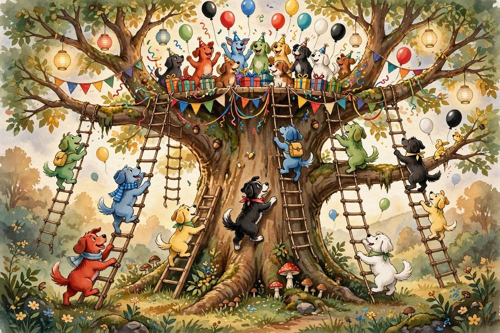 Dogs of every color climb the giant tree toward the party at the top.