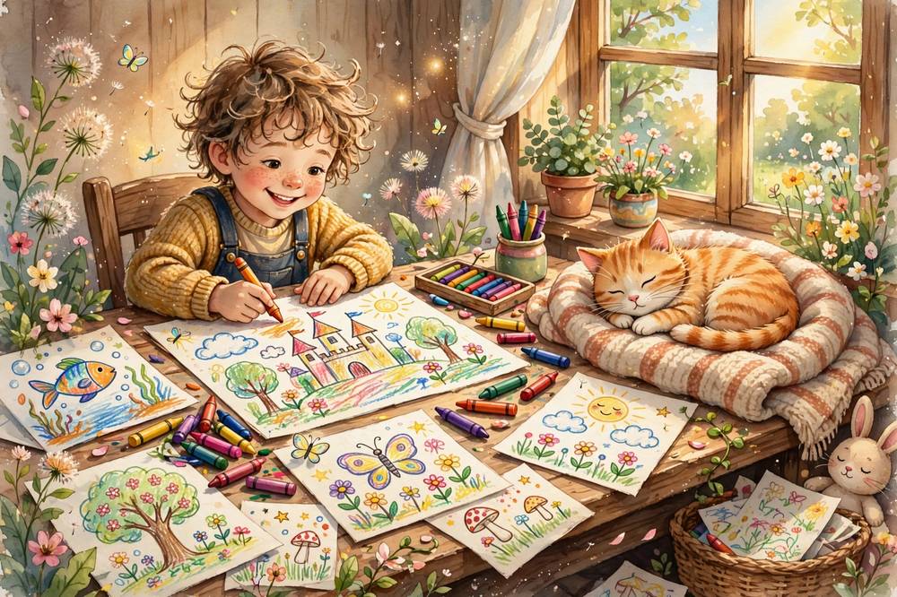 A child draws their own story with bright crayons at a cozy desk.