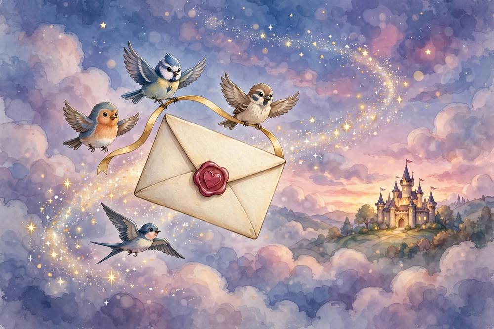 A heart-sealed letter soars through a starry sky toward the storybook castle.