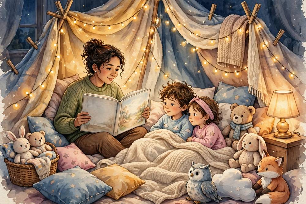 A parent reads aloud to two kids in a blanket fort strung with fairy lights.
