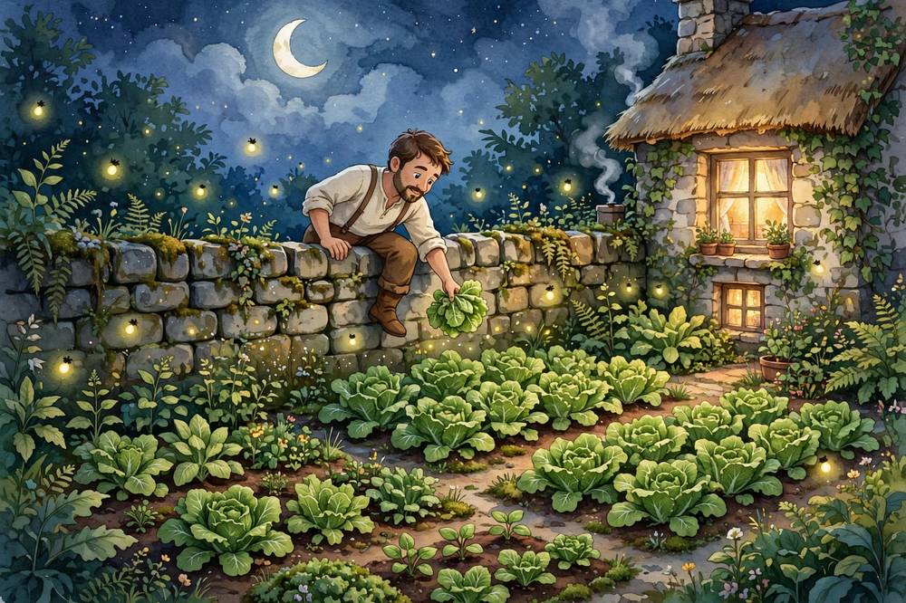 A husband climbs the moonlit garden wall to pick the Rapunzel lettuce.