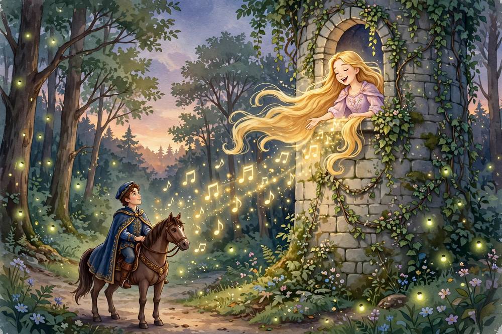 Rapunzel sings at her tower window at dusk while the prince listens below.
