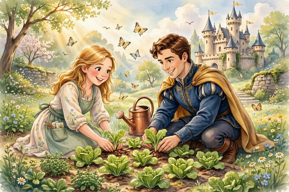 Rapunzel and the prince plant a lettuce garden together beside the castle.