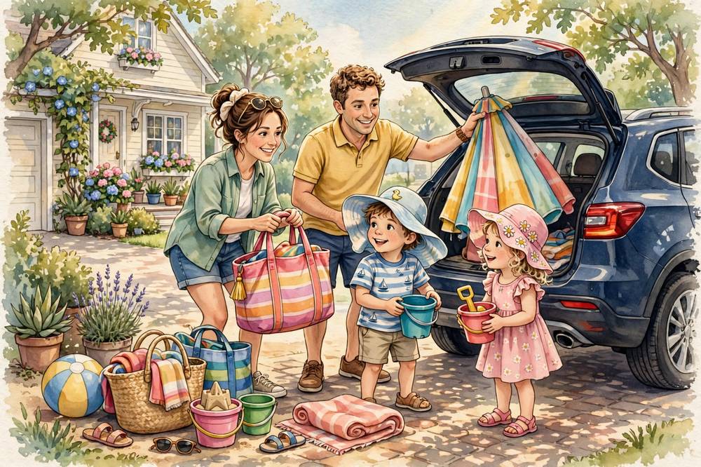 The family packs beach bags and loads the car on a bright morning.