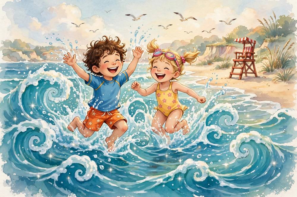 Two brave kids jump and splash in the curly turquoise waves.