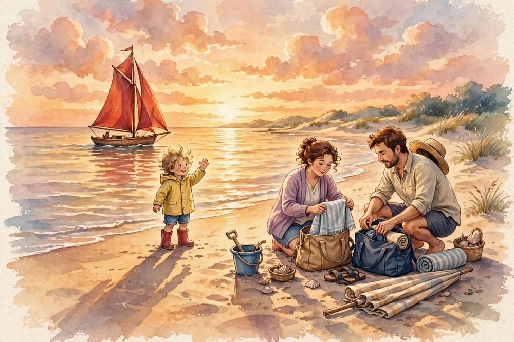 At sunset they pack up and wave goodbye to the sea and the little red-sailed boat.