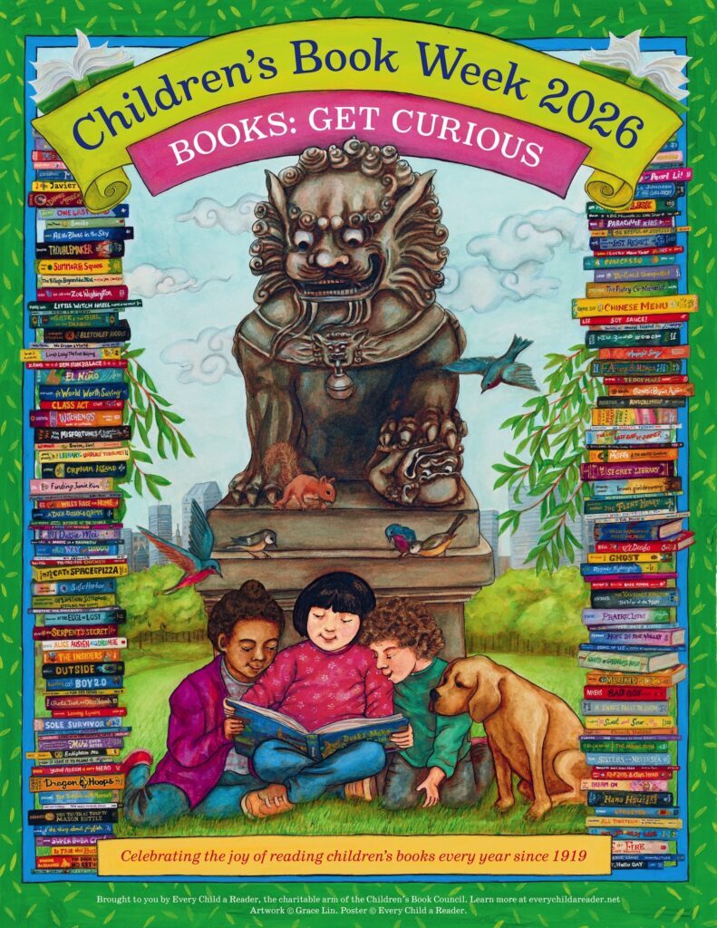 The 2026 Children's Book Week poster by Grace Lin: a stone lion, two kids reading, and tall stacks of books